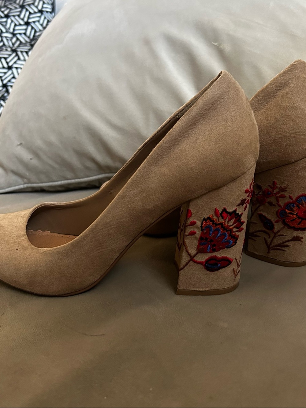 Restricted Taupe Suede Pumps with Embroidered Block Heel